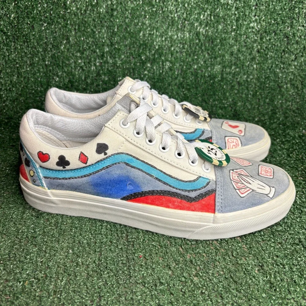 NEW Vans Old Skool Custom Hand-Painted Gambling Sneakers White Men 9 Womens 10.5